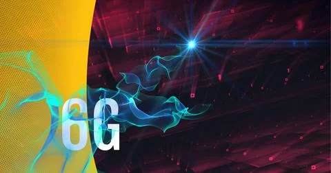Composition of 6g text over blue light trails on yellow and red background イラスト素材