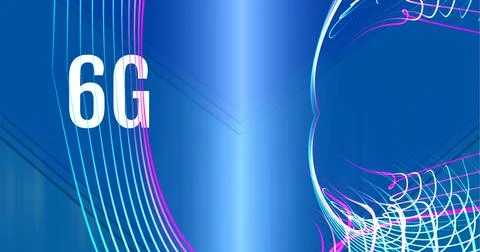 Composition of 6g text over blue light trails on glowing blue background Ilustração Stock