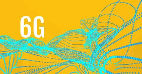 Composition of 6g text over blue light trails on yellow background Ilustração Stock