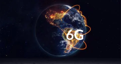 Composition of 6g text over globe with glowing connections on black background Ilustração Stock