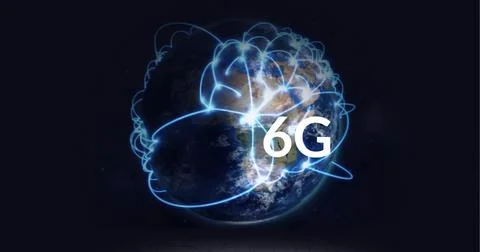 Composition of 6g text over globe with glowing connections on black background Illustrazione stock