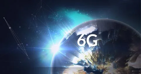 Composition of 6g text over globe with connections on blue background Ilustração Stock