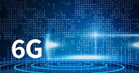 Composition of 6g text over glowing lights and binary coding on blue background Stock Illustration