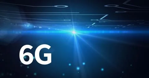 Composition of 6g text over glowing light and circuit board on blue background Ilustração Stock