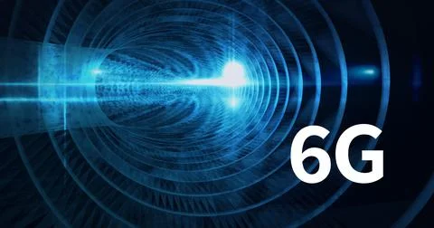 Composition of 6g text over glowing blue circles forming tunnel in background Ilustração Stock