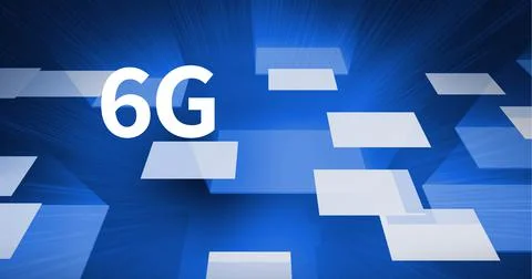 Composition of 6g text over glowing white and blue rectangles on blue background Stock Illustration