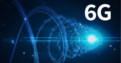 Composition of 6g text over glowing blue light trails on blue background Stock Illustration
