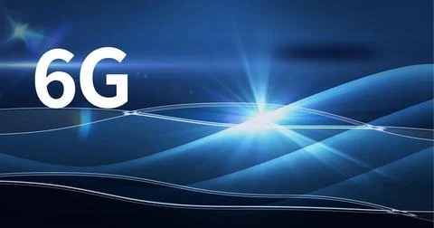 Composition of 6g text over glowing blue light trails on blue background Ilustração Stock