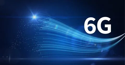 Composition of 6g text over glowing blue light trails on blue background Ilustração Stock