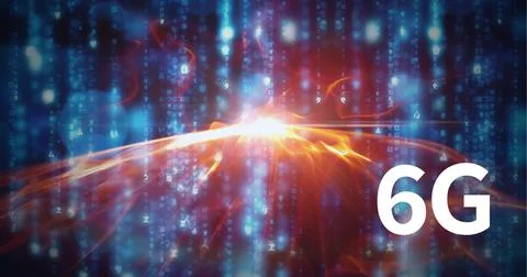 Composition of 6g text over glowing fireworks and lights Ilustração Stock