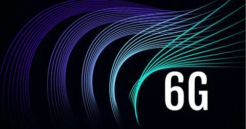 Composition of 6g text over green to purple light trails on black background Ilustração Stock