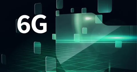 Composition of 6g text over green screens on grid and black background Ilustração Stock