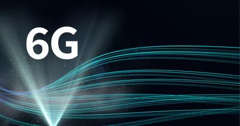 Composition of 6g text over green glowing light trails on black background Stock Illustration