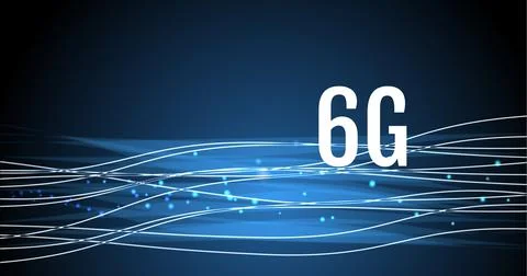 Composition of 6g text over light trails with spots on blue background Ilustração Stock