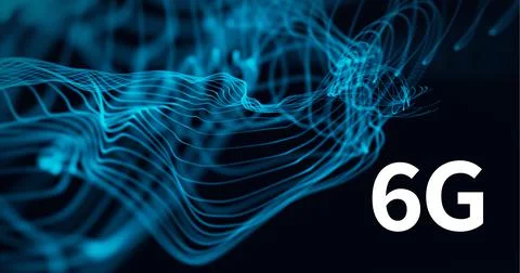 Composition of 6g text over mesh of blue light trails on black background Ilustração Stock