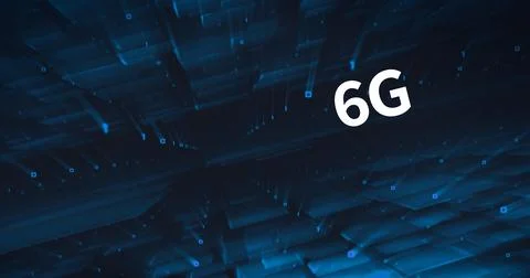 Composition of 6g text over multiple screens and binary coding on blue Stock Illustration