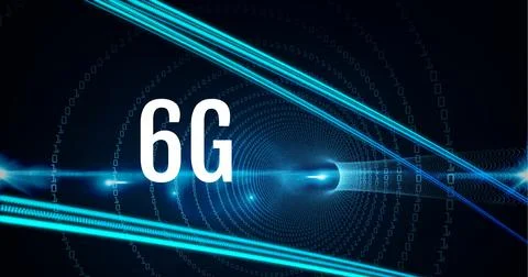 Composition of 6g text over network of green light trails and binary coding on Stock Illustration