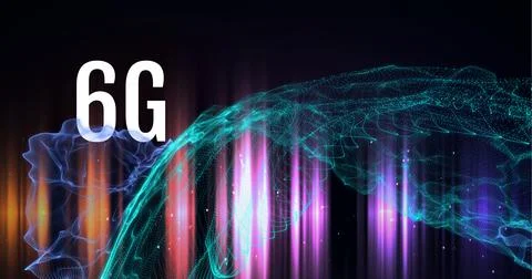 Composition of 6g text over network of green mesh and multi coloured light Ilustração Stock