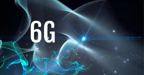 Composition of 6g text over network of blue and green light trails on black Ilustração Stock