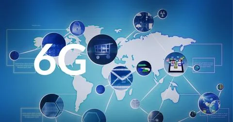 Composition of 6g text over network of connections with icons and world map on Ilustração Stock