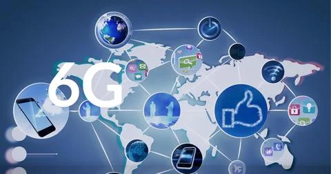 Composition of 6g text over network of connections with icons and world map on Ilustração Stock