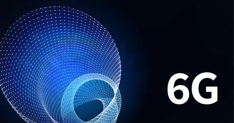 Composition of 6g text over network of glowing blue connections on black Ilustração Stock