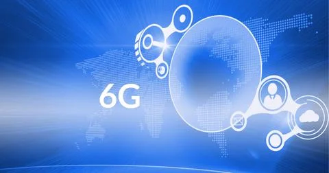 Composition of 6g text over networks of white people icons on world map on blue Ilustração Stock
