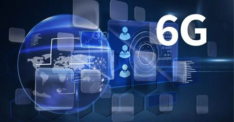 Composition of 6g text over people icons on screen and globe with digital Ilustração Stock