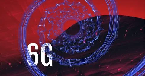 Composition of 6g text over purple light trails on red background Stock Illustration