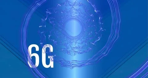 Composition of 6g text over purple light trails on glowing blue background Ilustração Stock
