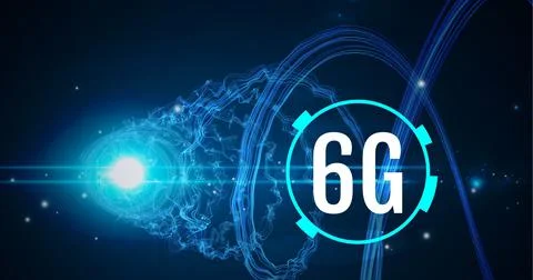 Composition of 6g text over scope scanning of blue light trails on black Ilustração Stock