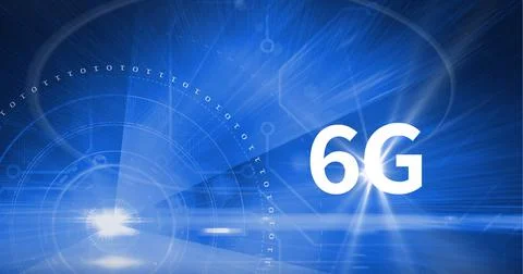 Composition of 6g text over scope and binary coding on blue background Stock Illustration