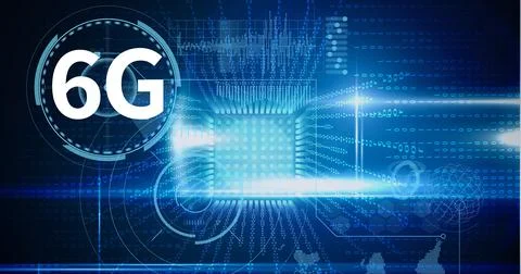 Composition of 6g text over scope and data processing on blue background Ilustração Stock