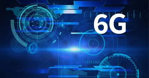 Composition of 6g text over scopes scanning and world map on blue background Ilustração Stock