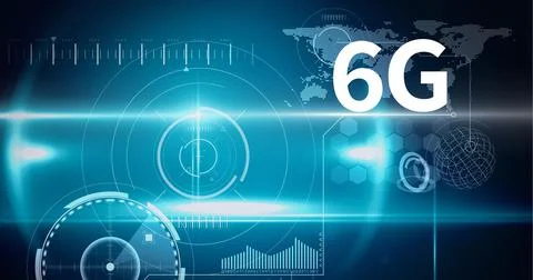 Composition of 6g text over scopes scanning and world map on blue background Ilustração Stock