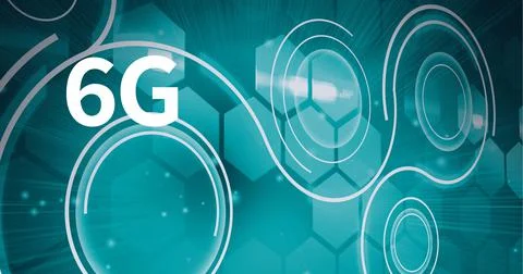 Composition of 6g text over scopes scanning and hexagons on green background Ilustração Stock