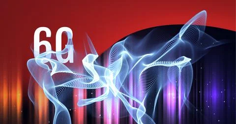 Composition of 6g text over white light trails on red and glowing background Ilustração Stock