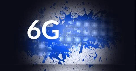 Composition of 6g text over world map on white and blue background Ilustração Stock