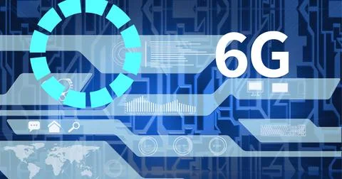 Composition of 6g text with scope scanning and blue glowing trails of Ilustração Stock