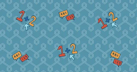 Composition of abc and 123 text in speech bubbles and 1 plus 2 with cursor over Stock Illustration