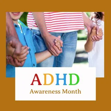 Composition of adhd awareness month text over diverse family holding hands Foto stock