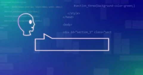 Composition of ai bots icons with speech bubbles and data processing on blue 写真素材
