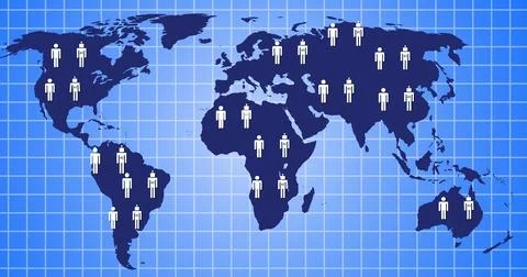 Composition of ai chat icons over world map on blue background Stock Photos