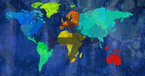 Composition of airplane shadow over multi coloured world map on dark blue Ilustração Stock