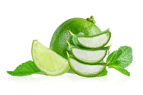 Composition of aloe vera, mint leaves and lime isolated on white background.. Stock Photos