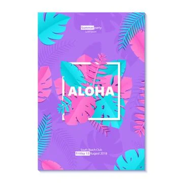 Composition ALOHA with creative pink blue jungle leaves on violet background in Stock Illustration