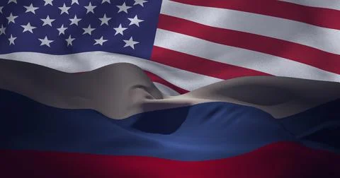 Composition of american and russian flags billowing together Stock Illustration