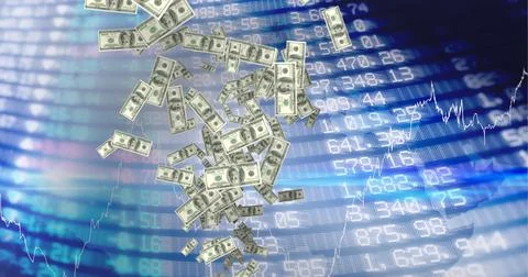 Composition of american dollar bills falling over financial data processing on Stock Illustration