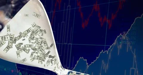 Composition of american dollar bills falling over financial data processing on Stock Illustration