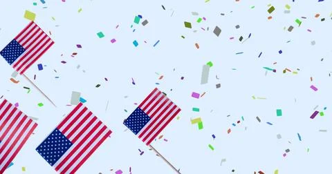 Composition of american flags, over falling confetti, on white Ilustração Stock